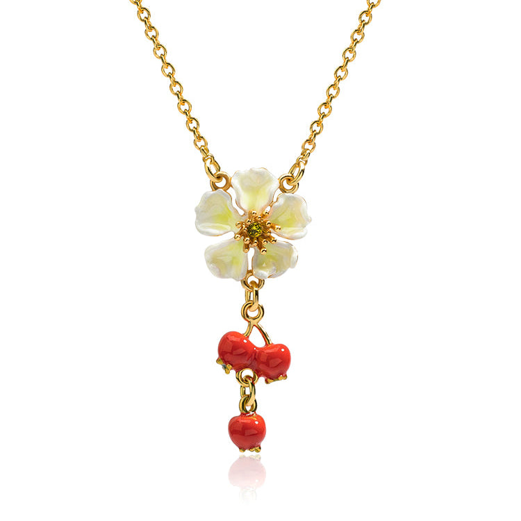 Flower Necklace with Red Cherry Charm