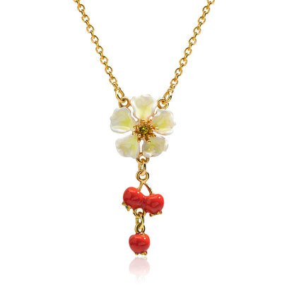 Flower Necklace with Red Cherry Charm