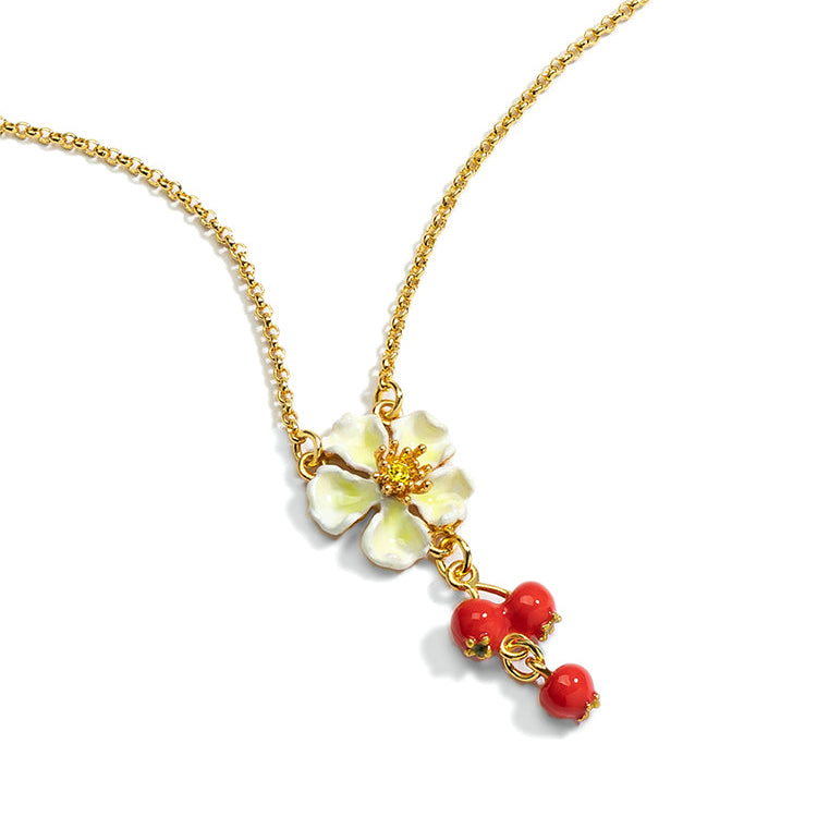 Flower Necklace with Red Cherry Charm