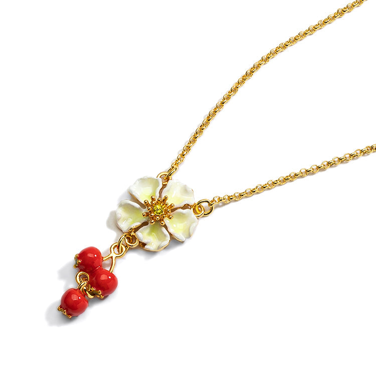 Flower Necklace with Red Cherry Charm