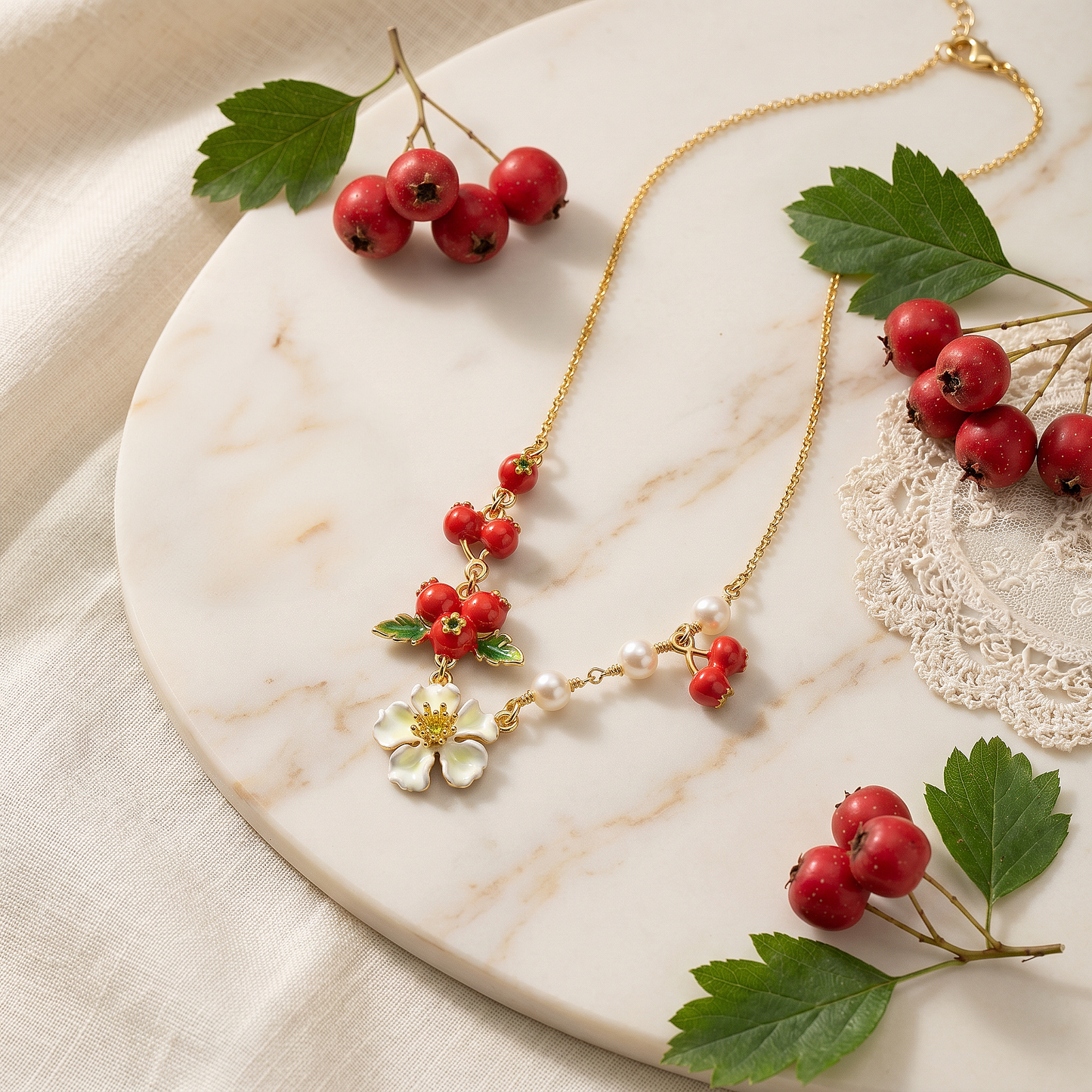 Hawthorn Berry and Flower Necklace