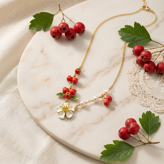 Hawthorn Berry and Flower Necklace
